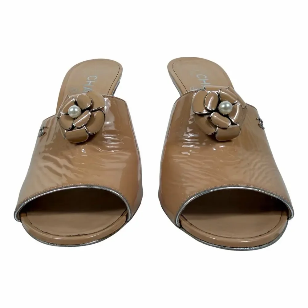 Chanel Camellia CC Logo Patent Leather Mule Sandal Beige Size 37.5